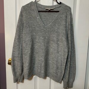Loft Gray V-Neck Sweater With Silver Threads and Covered Silver Sequins Size M